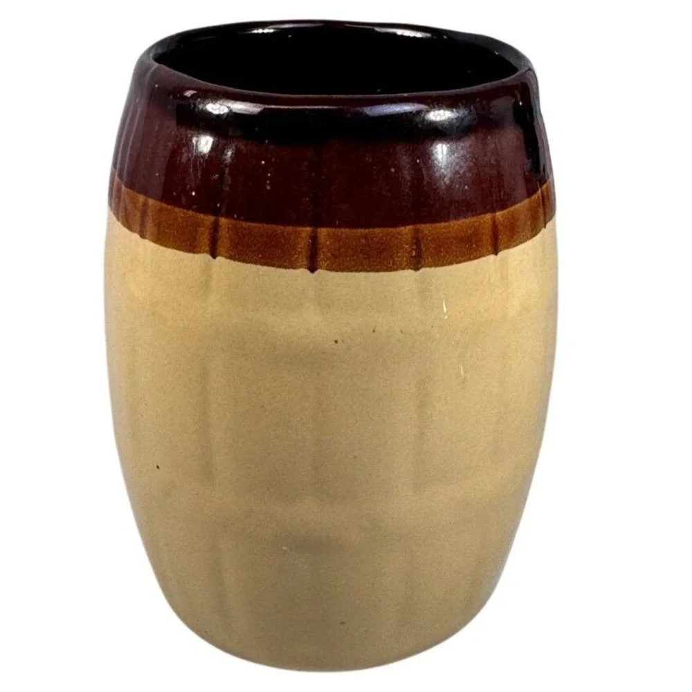 Vintage Brown Tan Stoneware Crock Utensil Holder 5